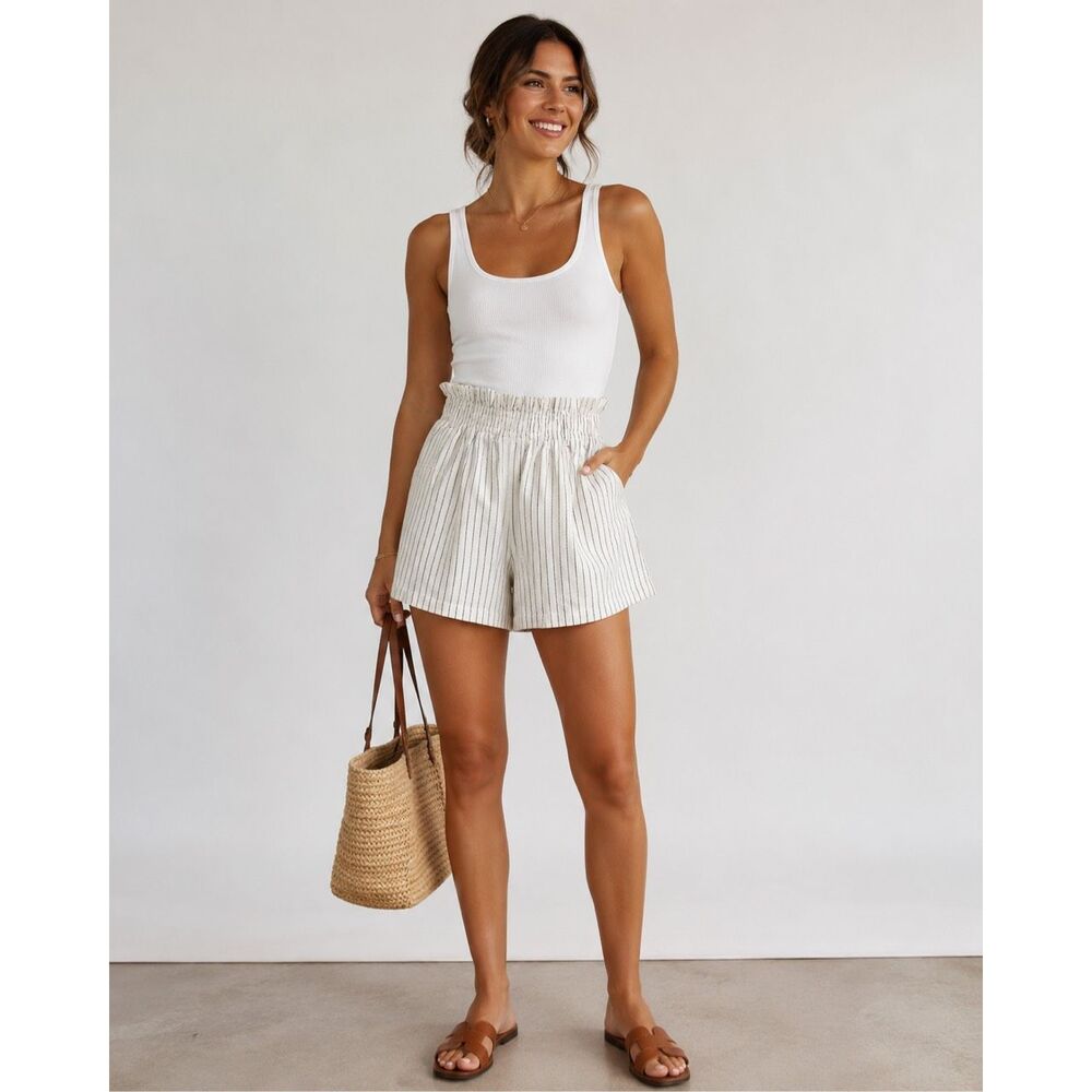 Zara White Black Striped Linen Blend Paperbag Shorts Women’s Small